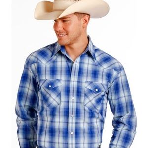 Country blue and white flannel shirt men button down t shirt. Cowboy shirt